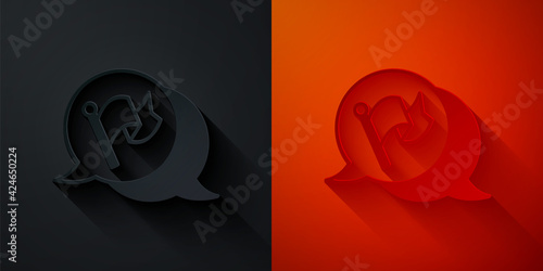 Paper cut Flag icon isolated on black and red background. Victory, winning and conquer adversity concept. Paper art style. Vector