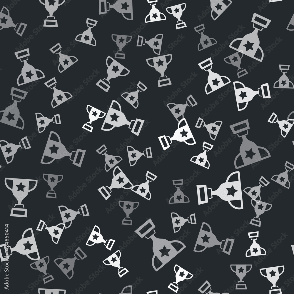 Grey Award cup icon isolated seamless pattern on black background. Winner trophy symbol. Championship or competition trophy. Sports achievement sign. Vector