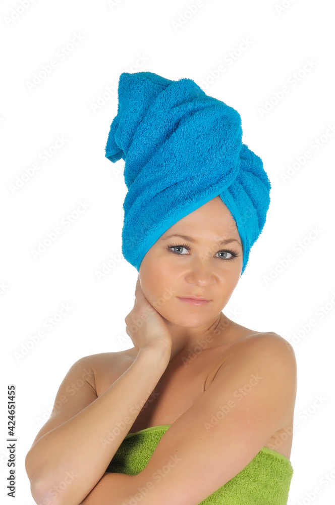 Spa Girl. Beautiful Young Woman After Bath with blue towel. isolated on white Spa Girl. Beautiful Young Woman After Bath with blue towel. isolated on white