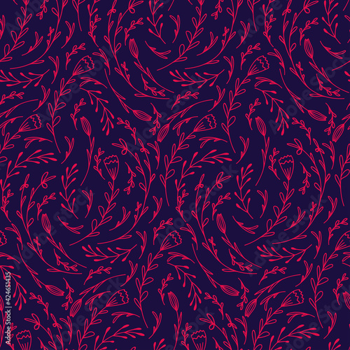 Seamless pattern with curls of doodle flowers and branches. Natural texture with pink petals and leaves on violet backdrop. Vector wallpaper with scribble drawings on a white background