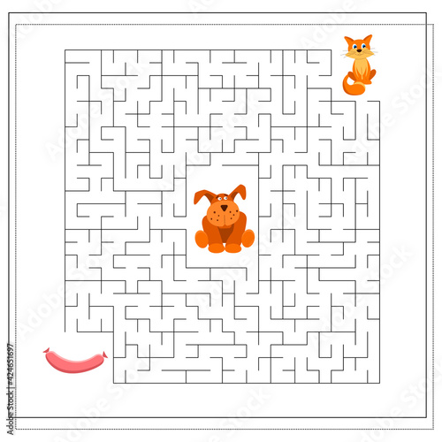 A maze game for kids. guide the cat through the maze to the sausage, so as not to get to the dog. Vector isolated on a white background