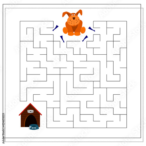 A maze game for kids. guide your dog through the maze to the bowl booth. Vector isolated on a white background.