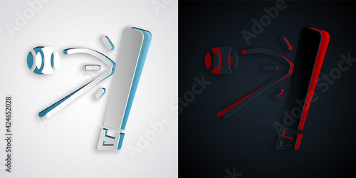 Paper cut Baseball bat with ball icon isolated on grey and black background. Paper art style. Vector
