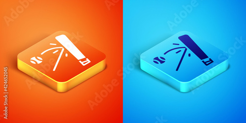 Isometric Baseball bat with ball icon isolated on orange and blue background. Vector