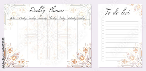 Set of day organization templates with tribal mandala. Weekly planner and to do list. Geometric boho decorations. Spirituality template setting tasks for the day and for the week