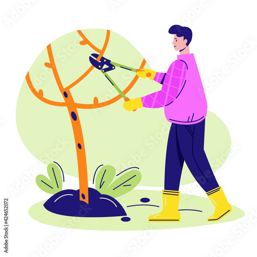 Spring processing of garden trees. A male gardener is cutting trees with a pruner. Vector illustration in flat style.