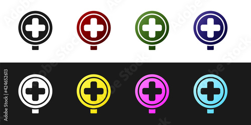 Set Hospital road traffic icon isolated on black and white background. Traffic rules and safe driving. Vector