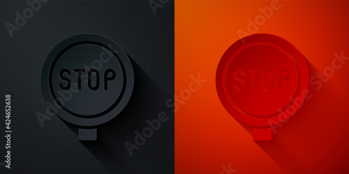 Paper cut Stop sign icon isolated on black and red background. Traffic regulatory warning stop symbol. Paper art style. Vector