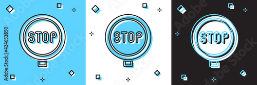 Set Stop sign icon isolated on blue and white, black background. Traffic regulatory warning stop symbol. Vector