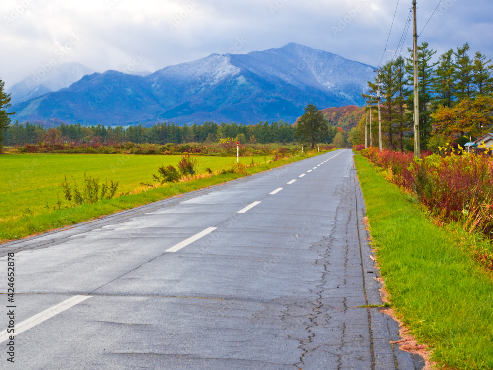 Obraz premium The roadside of Obihiro (Hokkaido), surrounded by mountains and Agricultural land.