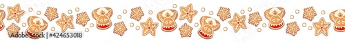 Christmas gingerbread cookies seamless border isolated. New year decorative garland. Cartoon hand drawn vector illustration.