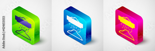 Isometric Sifting flour, cereals or powdered sugar through sieve icon isolated on grey background. Square button. Vector