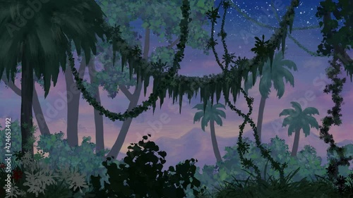 a walk in the twilight jungle against the backdrop of a purple sunset
