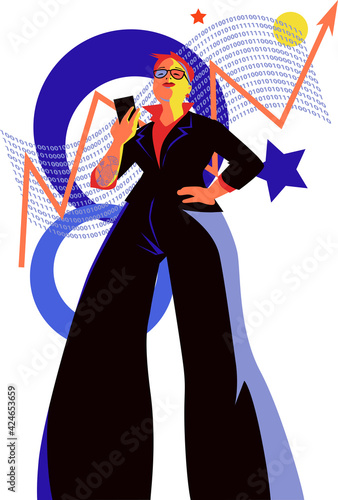 Modern female IT business executive in power pose, view from below,  EPS 8 vector illustration
