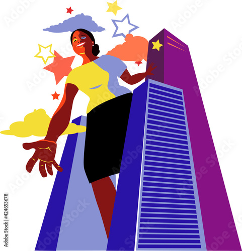 Smiling black woman standing above skyscrapers and giving a hand to reach for the stars, EPS 8 vector illustration