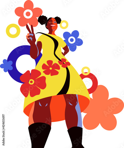 Smiling black girl standing in power pose flashing victory peace sign, EPS 8 bright color modern vector illustration