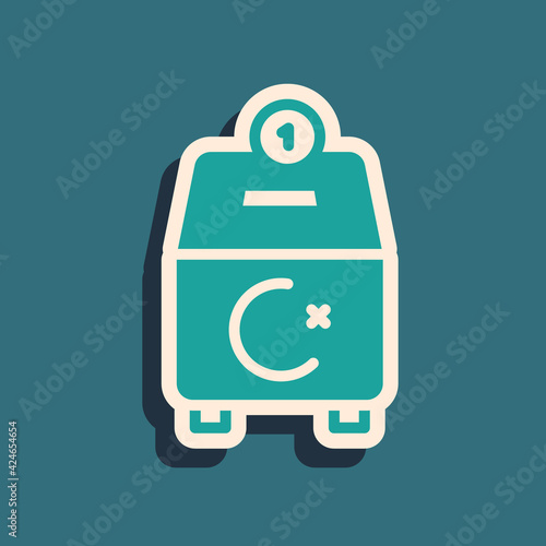 Green Donate or pay your zakat as muslim obligatory icon isolated on green background. Muslim charity or alms in ramadan kareem before eid al-fir. Long shadow style. Vector