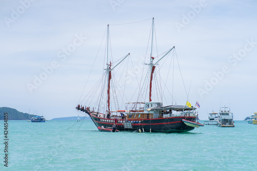 Beautiful pirate ship azure sea, sunny weather