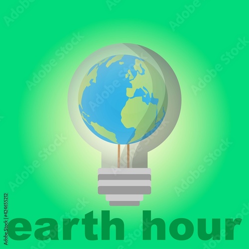Earth globe in bulb on green background with the text earth hour