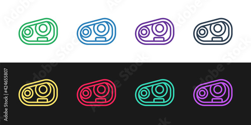 Set line Car headlight icon isolated on black and white background. Vector