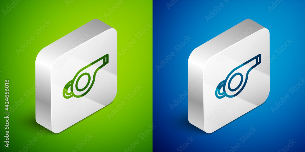 Isometric line Whistle icon isolated on green and blue background. Referee symbol. Fitness and sport sign. Silver square button. Vector Isometric line Whistle icon isolated on green and blue background. Referee symbol. Fitness and sport sign. Silver square button. Vector
