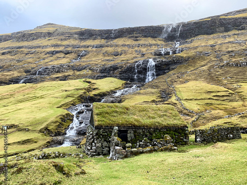 faore island, vágar, autumu, nordic island, danish island, waterfall, green house, landscape, mountain, nature, sky, green, mountains, valley, grass, summer, hill, rock, countryside, clouds, rural, hi photo