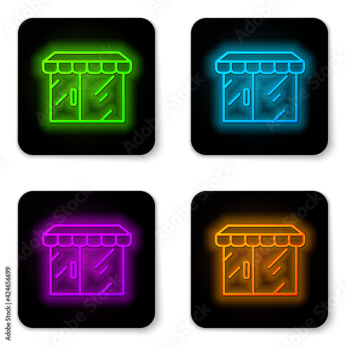 Glowing neon line Shopping building or market store icon isolated on white background. Shop construction. Black square button. Vector