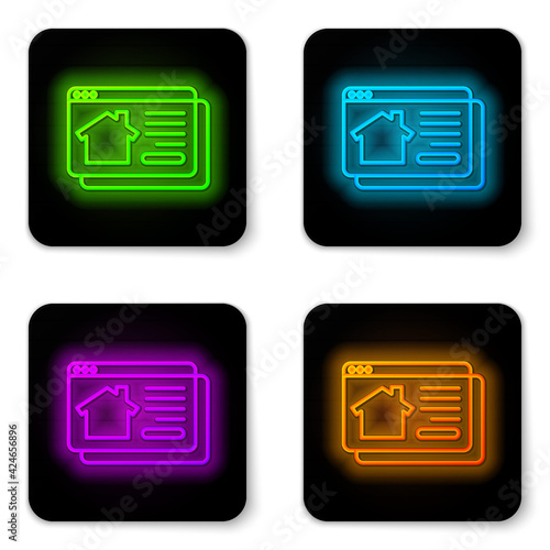 Glowing neon line Online real estate house in browser icon isolated on white background. Home loan concept, rent, buy, buying a property. Black square button. Vector