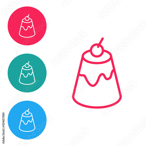 Red line Pudding custard with caramel glaze icon isolated on white background. Set icons in circle buttons. Vector
