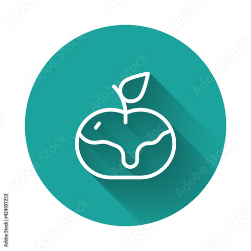 White line Apple in caramel icon isolated with long shadow background. Green circle button. Vector