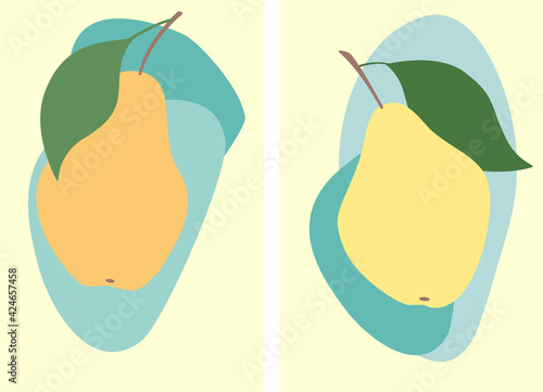 Vector flat design illustrations : sweet yellow pears with branches and green leaves on abstract blue spots. Minimalism. Elements for card, poster, juice box, interior picture.