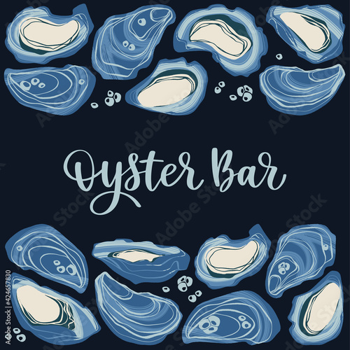 Oyster bar. Decorative poster with oysters and hand written lettering.