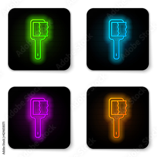 Glowing neon line Sauna brush icon isolated on white background. Wooden brush with coarse bristles for washing in the bath. Anti cellulite massage. Black square button. Vector