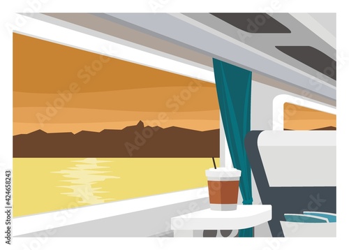 Passenger train interior with lake scenery from the window. Simple flat illustration.