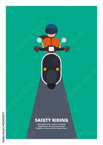 Woman riding scooter. Safety riding. Simple flat illustration.