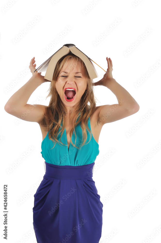 Young woman with glasses and book prepare for the session. Isolated on white