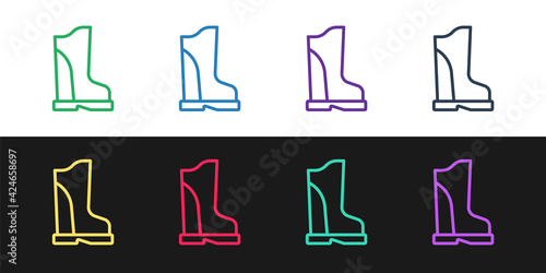 Set line Waterproof rubber boot icon isolated on black and white background. Gumboots for rainy weather, fishing, gardening. Vector