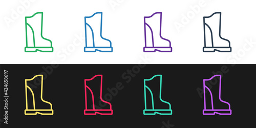 Set line Waterproof rubber boot icon isolated on black and white background. Gumboots for rainy weather, fishing, gardening. Vector