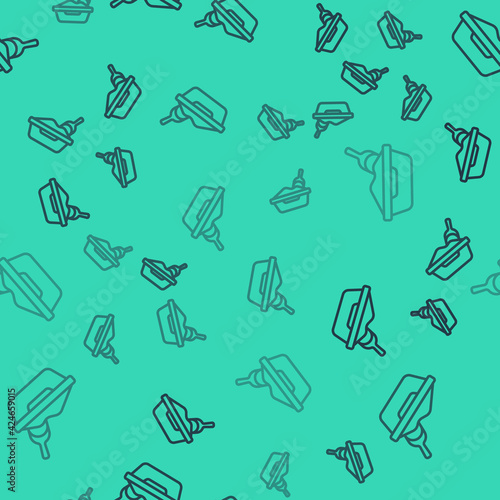 Black line Cat litter tray with shovel icon isolated seamless pattern on green background. Sandbox cat with shovel. Vector
