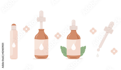 Set of Flat vector Essential oil bottles. Massage aromatherapy roller. Beauty Skincare Routine. Dropper with serum. Design for herbal antioxidant and natural perfume products with pipette.
