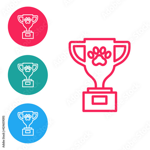Red line Pet award symbol icon isolated on white background. Medal with dog footprint as pets exhibition winner concept. Set icons in circle buttons. Vector