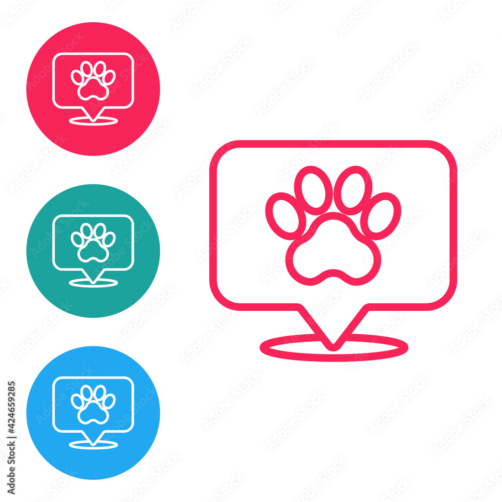 Red line Map pointer with veterinary medicine hospital, clinic or pet shop for animals icon isolated on white background. Veterinarian clinic. Set icons in circle buttons. Vector Red line Map pointer with veterinary medicine hospital, clinic or pet shop for animals icon isolated on white background. Veterinarian clinic. Set icons in circle buttons. Vector