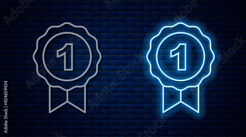 Glowing neon line Dog award symbol icon isolated on brick wall background. Medal with dog footprint as pets exhibition winner concept. Vector
