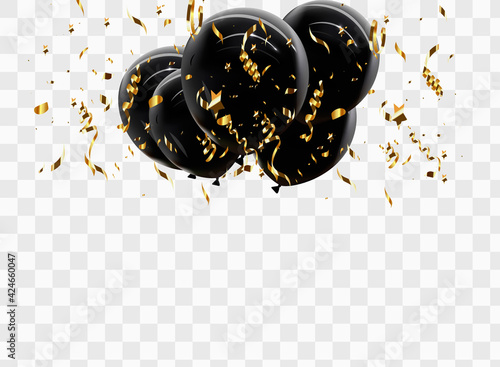 Balloon border with shiny gold glitter and star confetti isolated on transparent background.