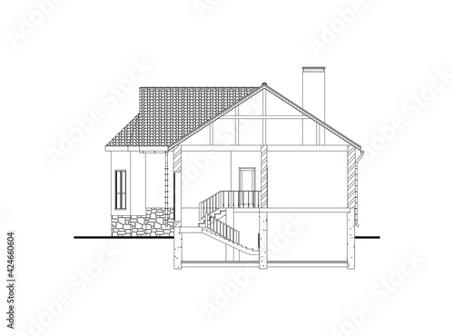 Architectural black and white background. Cross-section suburban house. Vector blueprint.