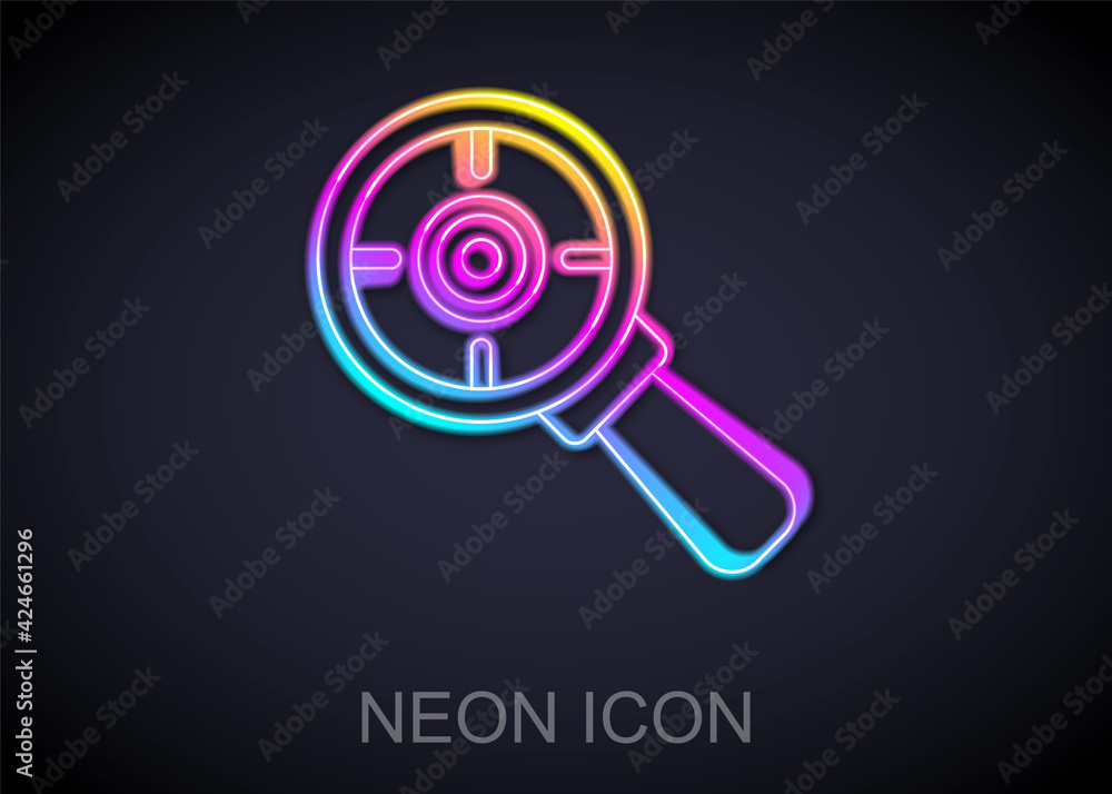 Glowing neon line Target financial goal concept with magnifying glass icon isolated on black background. Symbolic goals achievement, success. Vector Glowing neon line Target financial goal concept with magnifying glass icon isolated on black background. Symbolic goals achievement, success. Vector