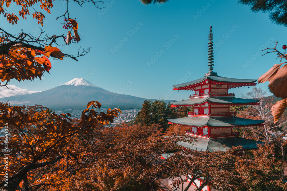 Mt. Fuji and Chureito Pagoda at Autumn, Japan.