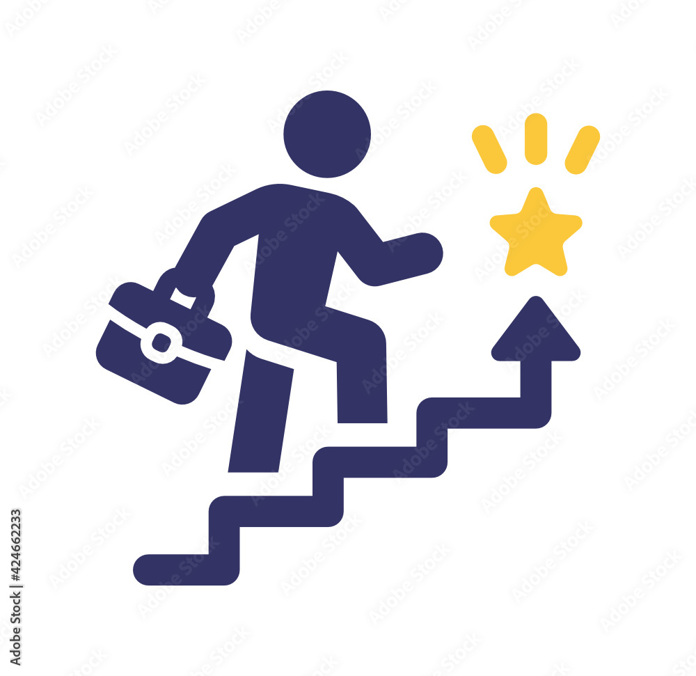 Businessman with briefcase climbing stairs to reach a bright golden star as career achievement. Vector icon illustration concept for entrepreneur with ambition and aim for success. Businessman with briefcase climbing stairs to reach a bright golden star as career achievement. Vector icon illustration concept for entrepreneur with ambition and aim for success.