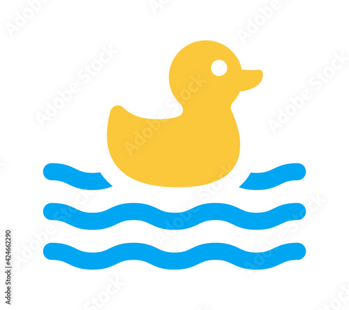 Yellow plastic duck floating on water vector illustration. Cute Kid toy for play in the bath icon.
