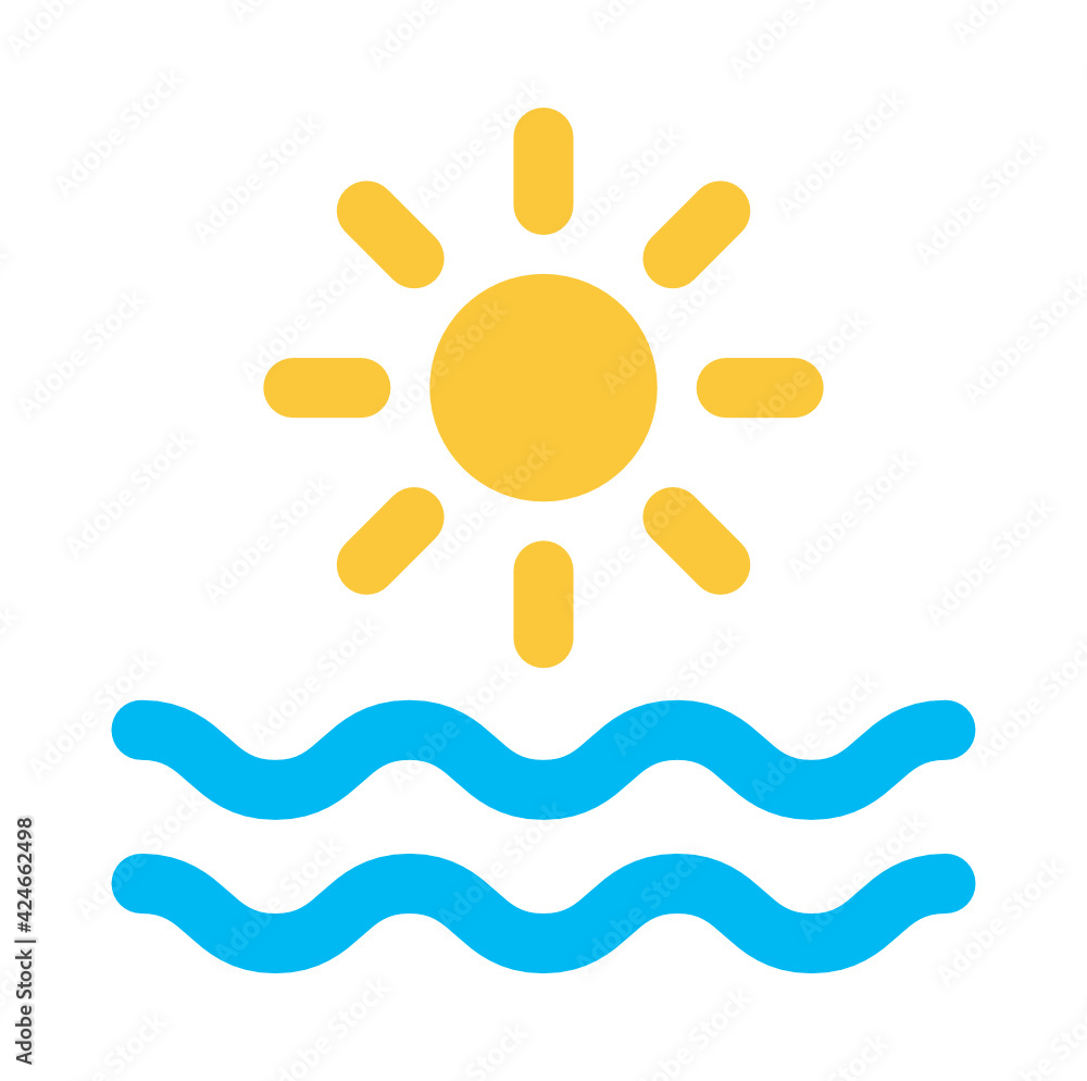 Fototapeta premium Ocean icon vector. Blue sea waves with yellow sun for summer holiday illustration.